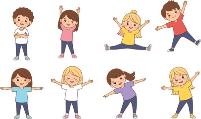 Happy children illustration, diverse kids group, cartoon characters, multicultural boys and girls, playful childhood, smiling faces, friendship, unity, fun, celebration