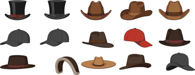 Hat collection vector illustration, cowboy hats, baseball caps, top hats, fedora styles, fashion accessories, headwear design, cad drawing flat vector
