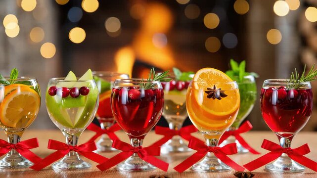 A festive row of holiday drinks in clear glasses, garnished with citrus slices, cranberries, herbs, and spices. Each glass is tied with a red ribbon. Warm bokeh and firelight glow in background.