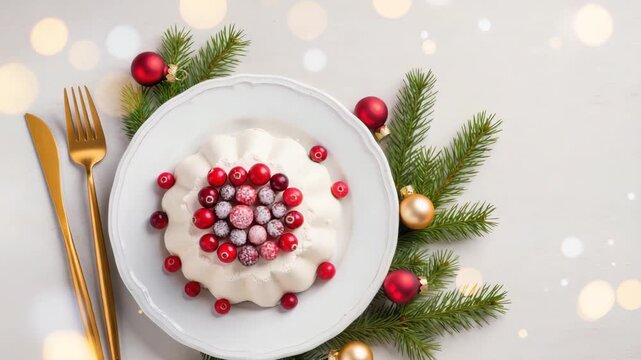 Elegant Christmas dessert topped with cranberries on a white plate. Golden fork and knife on the side, surrounded by fir twigs and red and gold ornaments. Bright and festive.