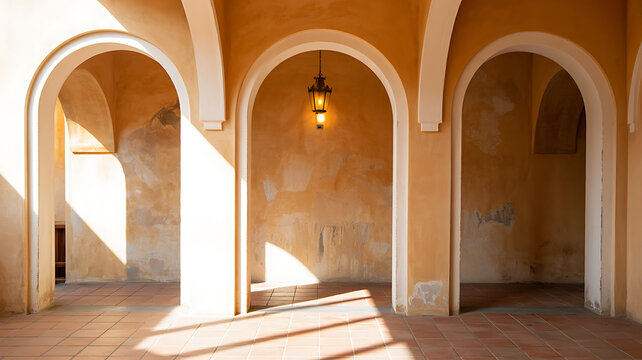 Arched Walkway with Sunlight and Shadows architecture corridor