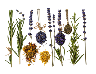 Arranged herbs, lavender, rosemary, with spoons holding dried herbs, and loose flowers