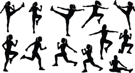 Black Silhouette Set of Women Performing High-Intensity Kickboxing and Aerobic Fitness Exercises, Featuring Kicks, Runs, Lunges, and Dynamic Movement Poses
