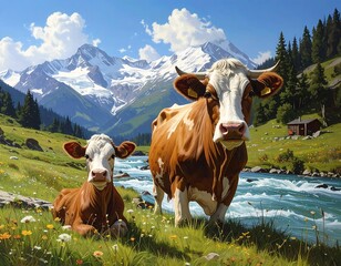 Two cows, a mother and calf, gaze forward in a vibrant meadow with a glacial mountain backdrop and a flowing river