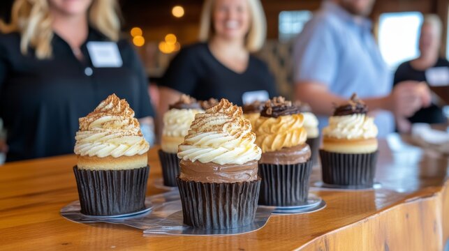Delicious cupcakes displayed at a bakery event with happy staff serving customers