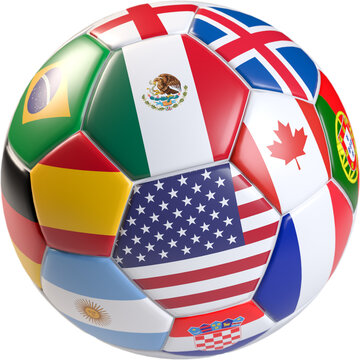 International soccer events concept. A soccer ball with American, Mexican, Canadian, Spanish, German, French, Argentinian, Brazilian, Croatian, English, Portuguese, Norwegian flags on transparent bg