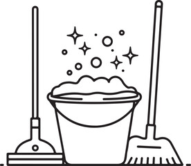 Home cleaning line icon set. Vector symbols for housekeeping service. Wipe counter, clean mirror, spray window, mop floor, dusting brush.
