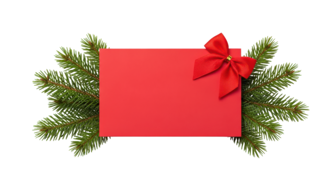 red christmas greeting card with frame of fir tree branches isolated on white or transparent png