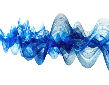 Abstract rendering of flowing, undulating ribbons of blue and white colors, on black background