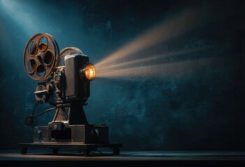 Antique film projector beams light onto dark backdrop