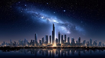 Modern city skyline at night under a magnificent starry sky with the Milky Way reflected in calm water