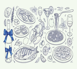Illustration of hand drawn illustration of italian food and wine, including pasta, pizza, seafood, and desserts isolated on white background