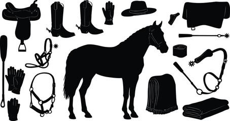 Horse silhouette, equestrian equipment, cowboy boots, western saddle, bridle illustration, riding gear, horse care accessories, cowboy hat, spurs, grooming tools