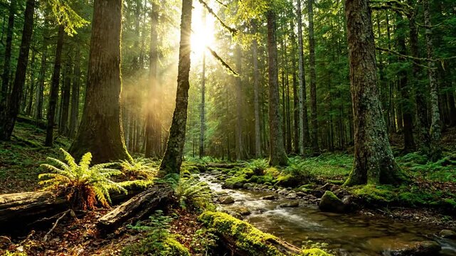 Ethereal sunbeams piercing through a dense forest canopy, creating a captivating light show with dust motes dancing in the air. Capturing the magical interplay of natural light and shadow within a?