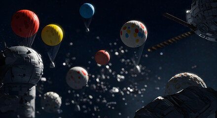 Whimsical Planets Floating Among Cosmic Debris A Colorful Space Fantasy Scene
