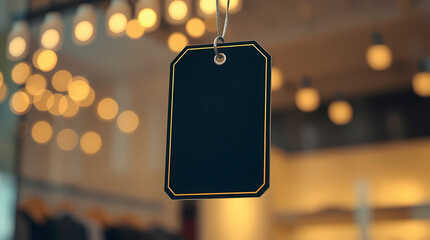 A black price tag hangs on the festively decorated store window.