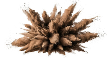 Brown powder explosion frozen in time with fine particles scattering outwards isolated on a transparent background