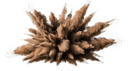 Brown powder explosion frozen in time with fine particles scattering outwards isolated on a transparent background