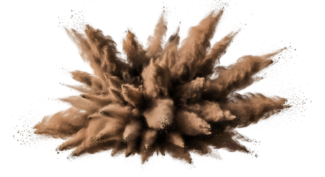 Brown powder explosion frozen in time with fine particles scattering outwards isolated on a transparent background