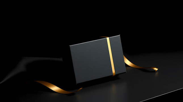 A perfect black box with a gold ribbon stands on a black background.