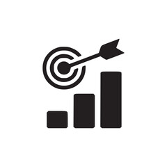 A black and white image showing a target with an arrow and a bar chart on a white background