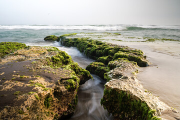 Coastal Rocks Verdant Moss Seascape Long Exposure Waves Serenity Nature Scene Weathered Stone Geological Formation Coastal Beauty Grey Sky Peaceful Seashore Landscape Calm Ocean Scenery Mossy Rocks