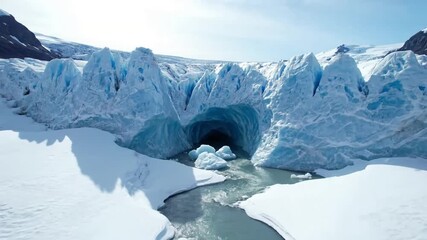 Dynamic Meltwater Streams and Subglacial Rivers: Illustrating the powerful forces of erosion and water flow as glacial ice transforms, revealing vibrant blue channels and cascading rivulets. - Powered by Adobe