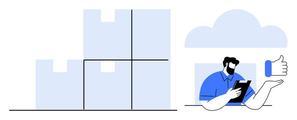Stacked boxes next to a man using a tablet with a thumbs-up icon and cloud. Ideal for warehouse management, logistics, shipping, inventory control, online purchases, efficiency, simple flat metaphor