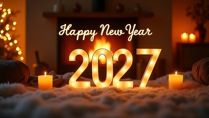 Happy New Year 2027 warm candles and fireplace with glowing 2027 in cozy winter setting