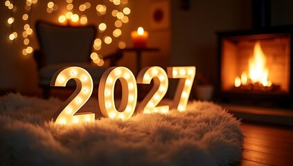 Happy New Year 2027 illuminated numbers by cozy fireplace with warm candlelight atmosphere