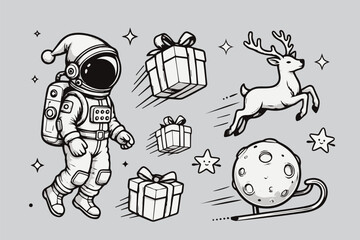 Space Santa with Jetpack Reindeer &ndash; Futuristic Christmas Vector Set
