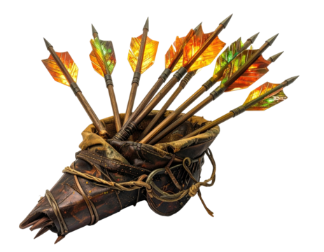 A quiver overflowing with flaming arrows, fletching alight, angled up and out
