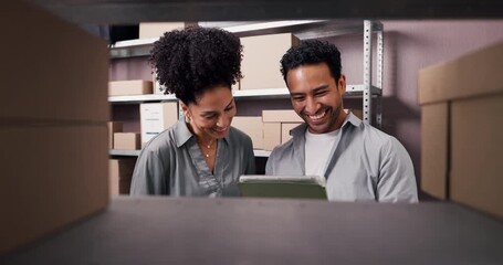 High five, logistics and tablet with people in storage depot for inventory or supply chain success. App, checklist and goals with courier team in warehouse together for celebration of delivery target - Powered by Adobe