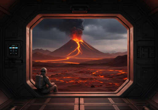 Astronaut man viewing a massive volcanic eruption with flowing lava from an alien planet through space window. Adventure and exploration concept.