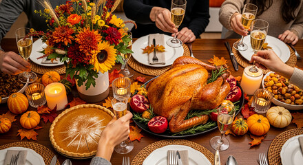 Festive table with roasted turkey, pumpkin pie, autumn flowers, and champagne glasses, symbolizing a harvest celebration and familial gathering