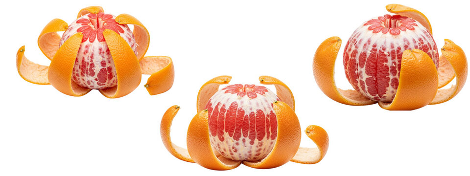 Peeled pink grapefruit are featured. Soft pink citrus segments appear beneath white pith, with thick curls of orange-pink peel surrounding the fruit. The texture is juicy and fresh.
 - Powered by Adobe
