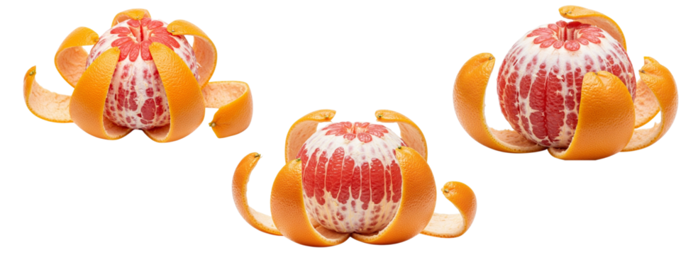 Peeled pink grapefruit are featured. Soft pink citrus segments appear beneath white pith, with thick curls of orange-pink peel surrounding the fruit. The texture is juicy and fresh.
