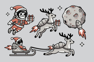 Space Santa with Jetpack Reindeer – Futuristic Christmas Vector Set