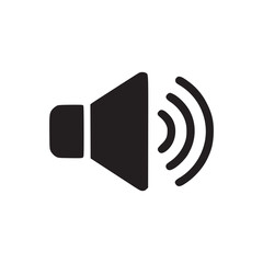 A simple black speaker icon with sound waves emanating from it on a plain white background visual