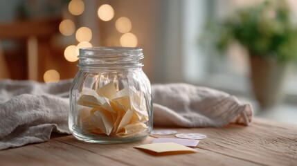 Gratitude Jar with Folded Notes on Wooden Table – Cozy Home Evening, Soft Bokeh Lights, Minimal Still Life, Inspiring Mindfulness and Goal Planning