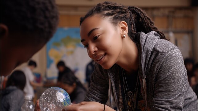 In a classroom setting, a young girl engages with an Earth-themed project while another boy observes. The environment encourages creativity and teamwork among the children.