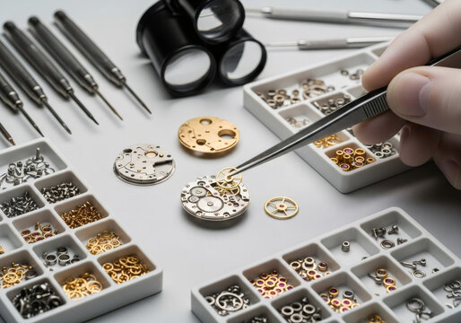 Watchmaker assembling tiny gear into mechanical watch movement with tweezers. Precision engineering and craft of horology for repair and design. - Powered by Adobe