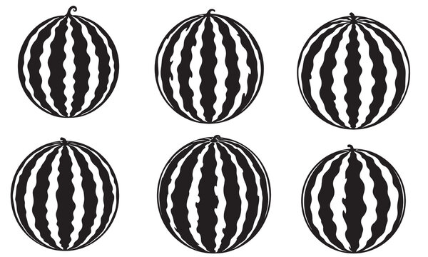 Collection of six stylized black and white watermelon silhouettes with distinct vertical stripes silhouette