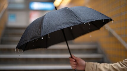 umbrella at subway stairs — hand holding black canopy, calm rainy mood with droplets, shallow depth of field urban style, practical commute protection and weather concept for city