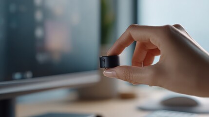 Hand holding mini camera with focused care, clean minimalist product shot showcasing compact smart webcam for desktop setup and modern technology workspace usability
