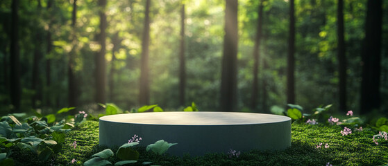 The sunny forest with an empty pedestal in the centre symbolises the harmony of nature, serving as a backdrop for environmental projects or open-air art exhibitions.