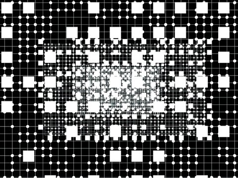 The structure of white squares and dots arranged on a fine grid, creating a mesmerizing sense of depth, space, and motion towards a central vanishing point