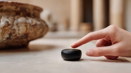 Smart Button Touch — calm human hand pressing a small black device, minimal product technology style, illustrating intuitive control and tactile interaction for home automation and wearable