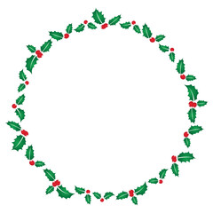 Christmas wreath in a circular frame, green holly leaves and red berries on a white background
