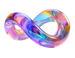 A glossy, colorful infinity symbol twisting against a stark black background
